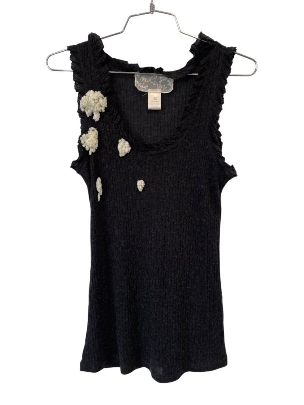 Nick & Mo Tank Top Medium Sleeveless Scoop Neck Ruffled Trim Acrylic Black Knit